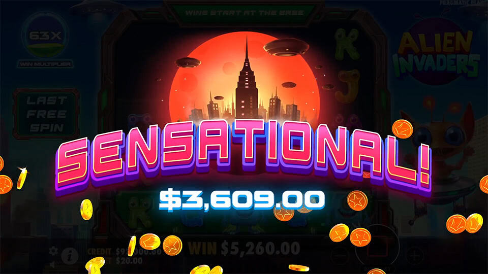 Win with &ldquo;Sensational!&rdquo; text over city skyline at sunset and coins flying across screen.