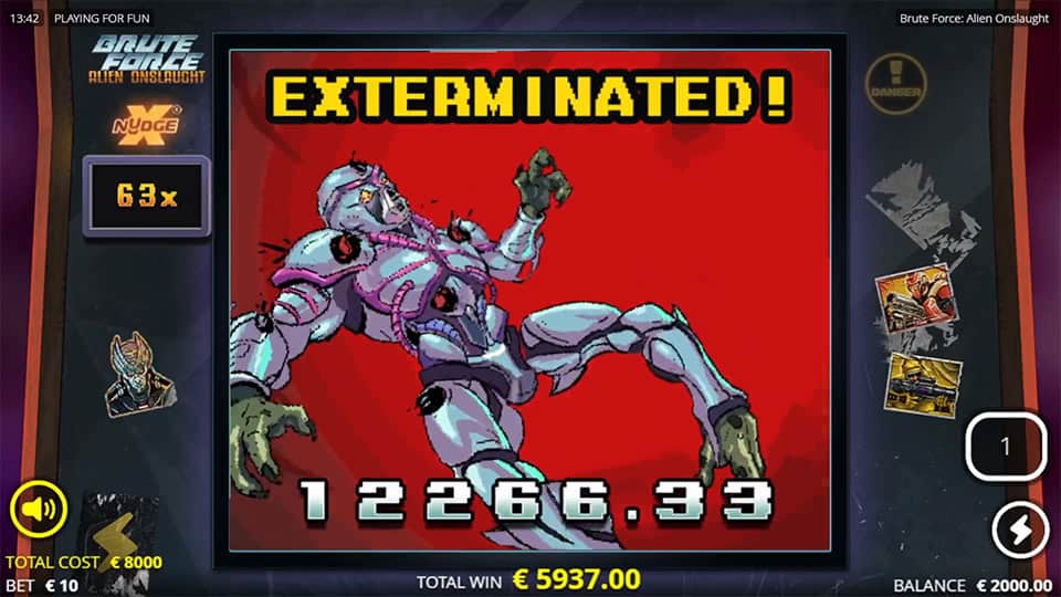 Giant cyborg alien on red background with &ldquo;EXTERMINATED!&rdquo; message and win amount below.