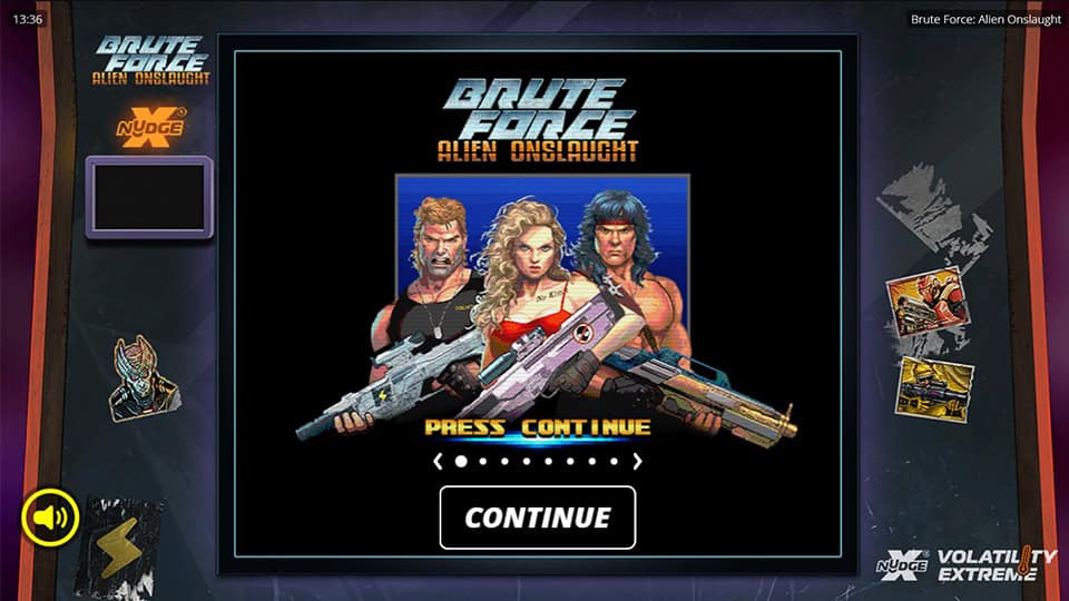 Intro screen showing three armed characters ready for battle with &ldquo;Press Continue&rdquo; prompt.