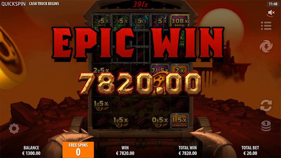 Epic Win screen in Cash Truck Begins displaying a &euro;7,820.00 win with large red "EPIC WIN" text over the truck reels.