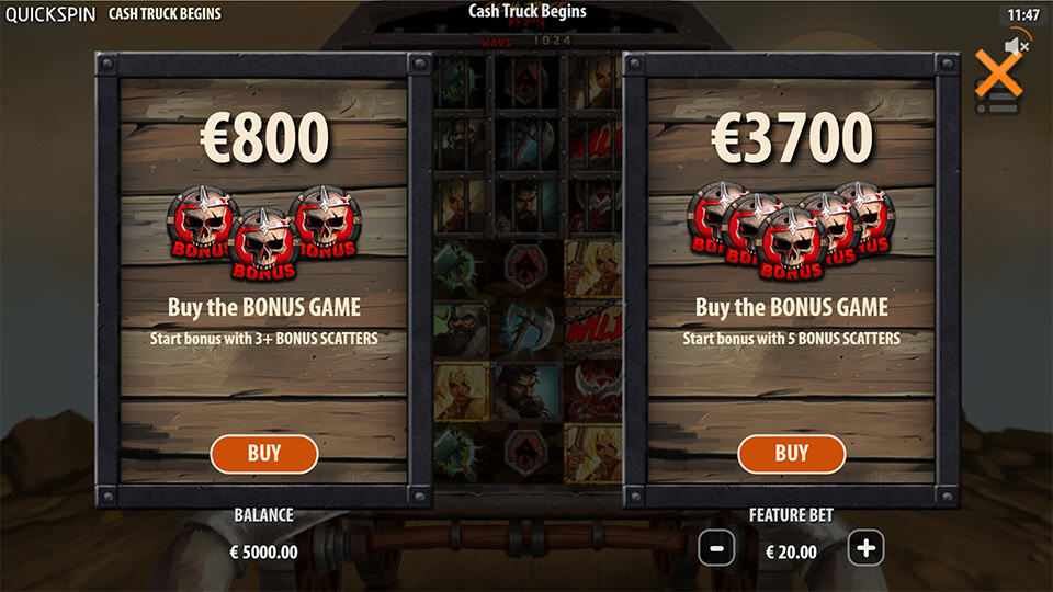 Bonus Buy screen in Cash Truck Begins offering standard bonus for &euro;800 and upgraded 5-scatter bonus for &euro;3,700.