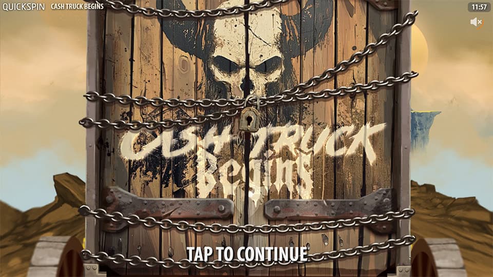 Game start screen for Cash Truck Begins featuring a chained wooden gate with the game&rsquo;s logo and a post-apocalyptic setting.