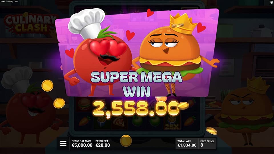 Win screen with tomato and burger characters celebrating &euro;2,558 win.