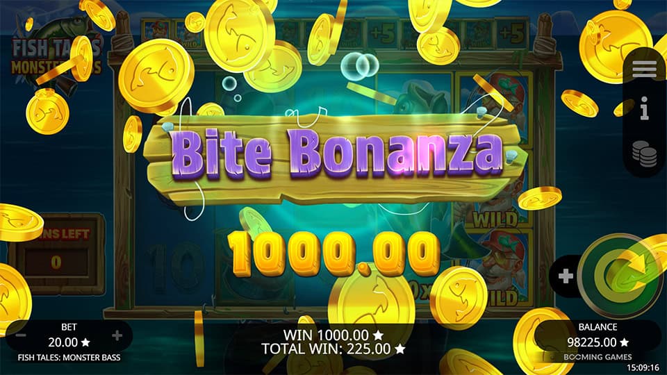Win screen with Bite Bonanza text and &euro;1,000 reward.