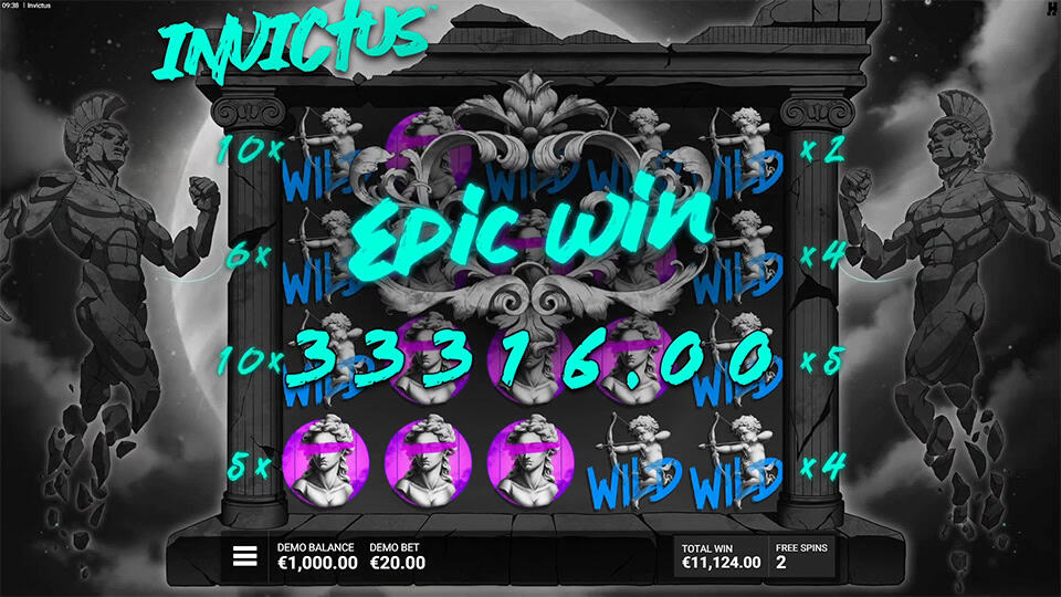 Epic Win of &euro;3,316.00 shown with wilds and bust symbols surrounded by glowing multipliers and stone pillars.