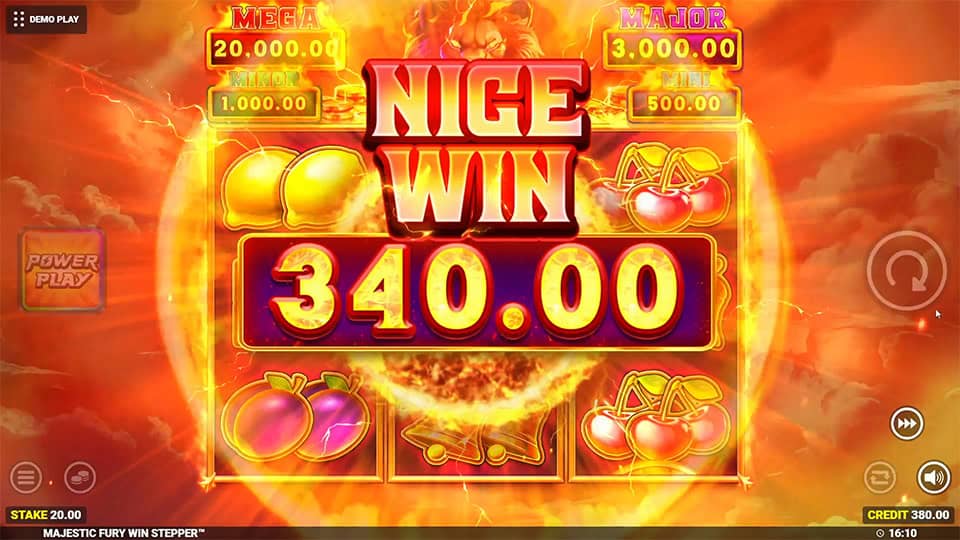 &ldquo;Nice Win&rdquo; banner with a 340.00 prize over fiery visuals, glowing fruits and jackpot indicators lighting up the screen.