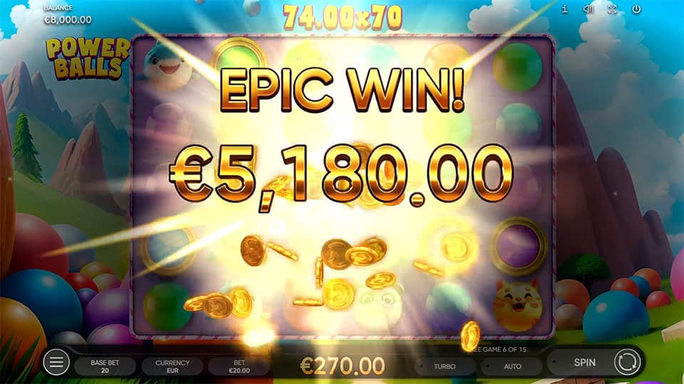 Epic Win animation in Power Balls displaying a bright explosion of coins and a &euro;5,180.00 win over a glowing background.
