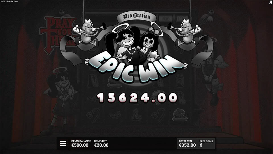 Epic win animation in Pray for Three showing a &euro;15,624.00 win with two grinning angels and a banner reading &ldquo;Deo Gratias.&rdquo;