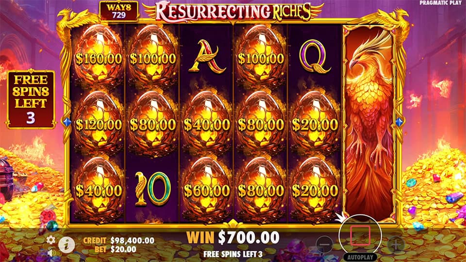 Resurrecting Riches base game with bonus egg symbol landing among gem icons and &ldquo;Bonus Active&rdquo; indicator lit.