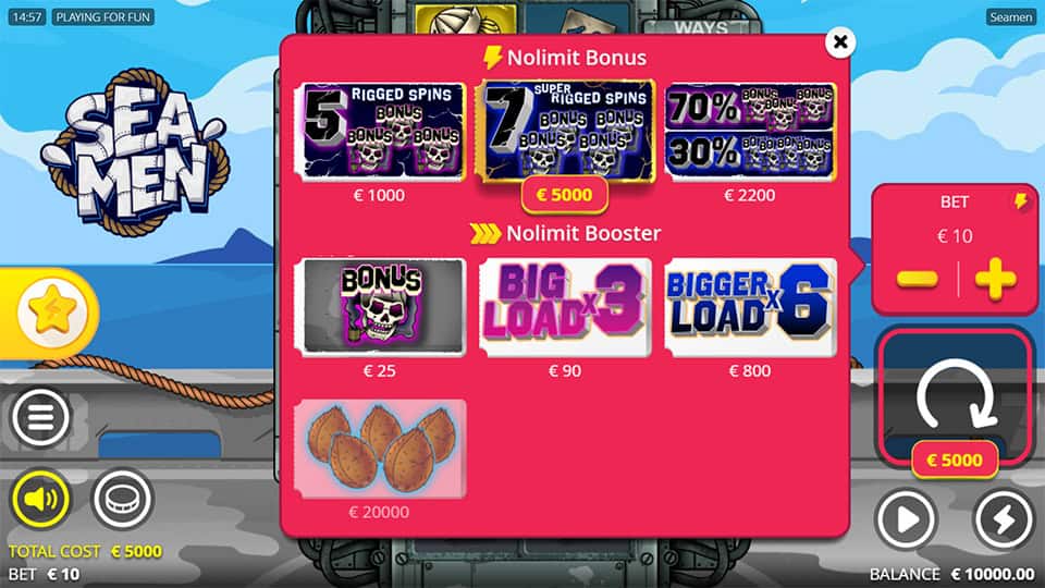 Buy menu with bonus spins and booster options shown in red panel including &ldquo;Rigged Spins&rdquo; and &ldquo;Big Load x3&rdquo;.