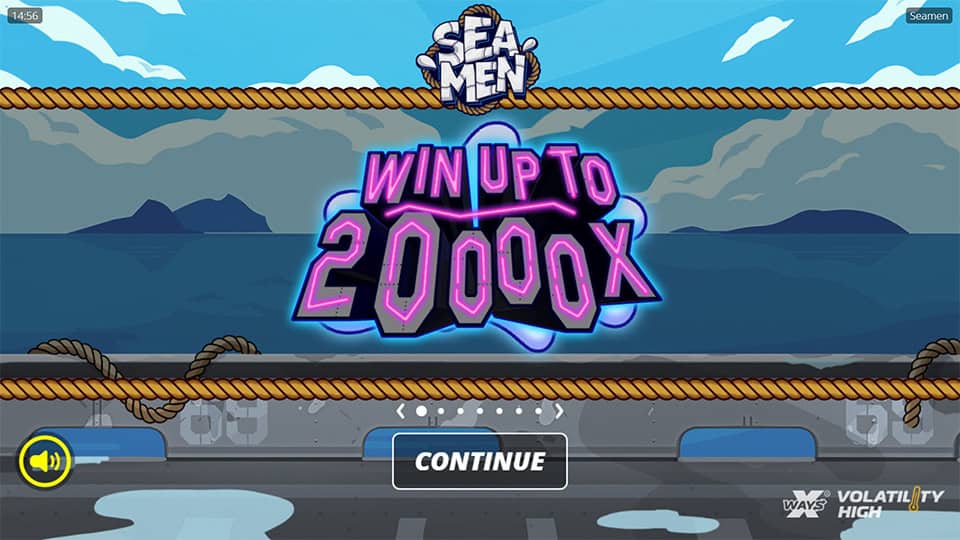 Intro screen showcasing Seamen logo and a large &ldquo;Win up to 20,000x&rdquo; sign over a calm sea backdrop.