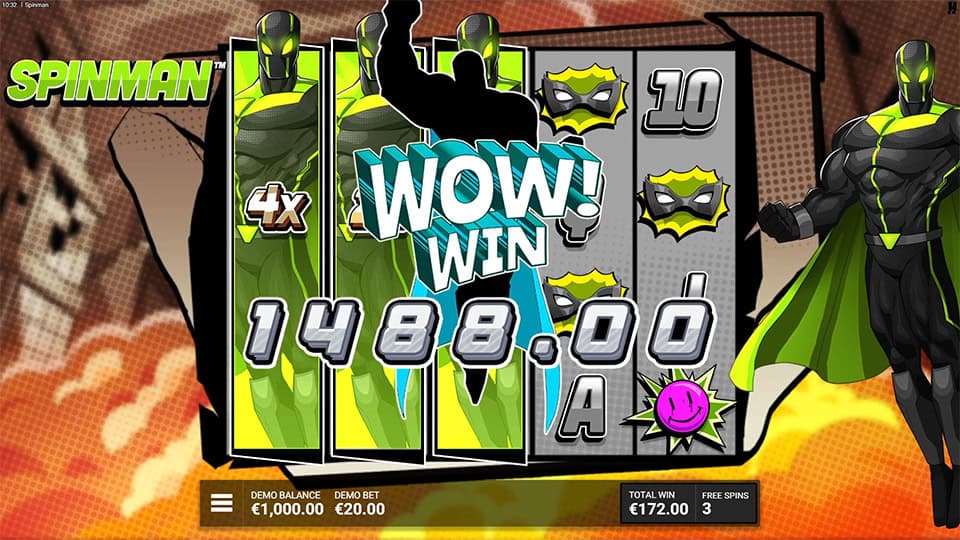 Winning screen in Spinman slot displaying a &lsquo;WOW! WIN&rsquo; with 1,488.00 prize and superhero reels glowing in comic-style animation.