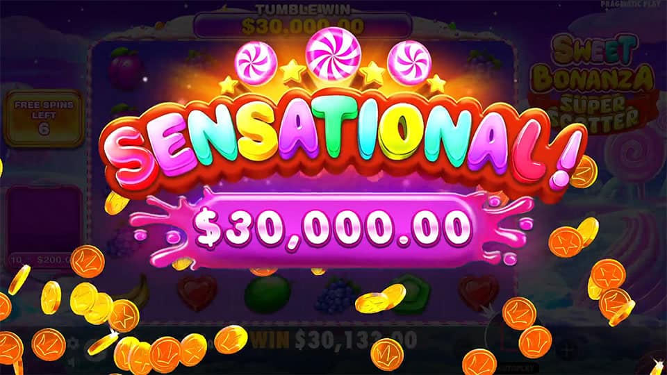 &ldquo;Sensational!&rdquo; win splash with lollipops, sparkles and golden coins flying.
