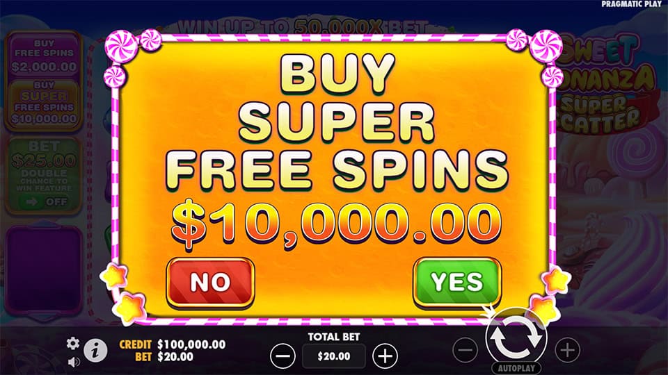 Pop-up screen with &ldquo;Buy Super Free Spins&rdquo; button in bright yellow and pink candy theme.
