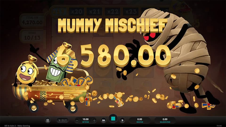 Animated mummy chases Bill and Coin as golden coins fly, with &ldquo;Mummy Mischief&rdquo; text in bold letters.