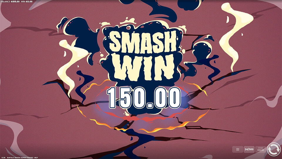 &ldquo;Smash Win&rdquo; message with a payout of 150.00, shown over a cracked ground animation with comic-style energy bursts.