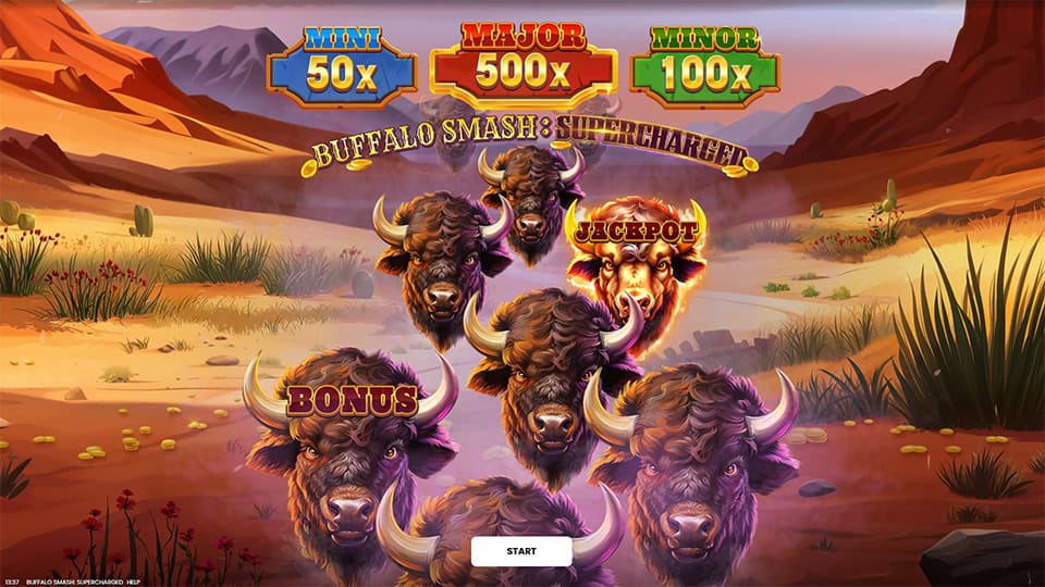 Start screen with buffalo characters, jackpot tiers above and a &ldquo;Start&rdquo; button in a bright desert landscape.