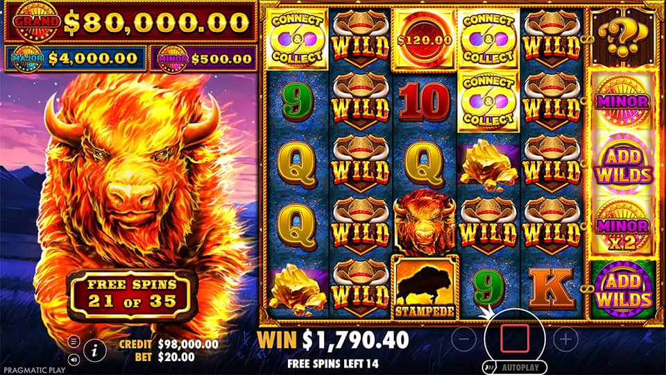 Free spins screen with connect & collect icons and several &ldquo;ADD WILDS&rdquo; symbols on the last reel.