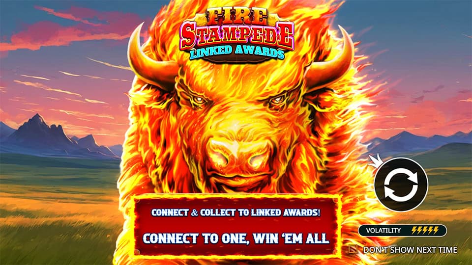 Intro screen with fiery buffalo and tagline &ldquo;Connect to One, Win &rsquo;Em All&rdquo; promoting linked rewards.