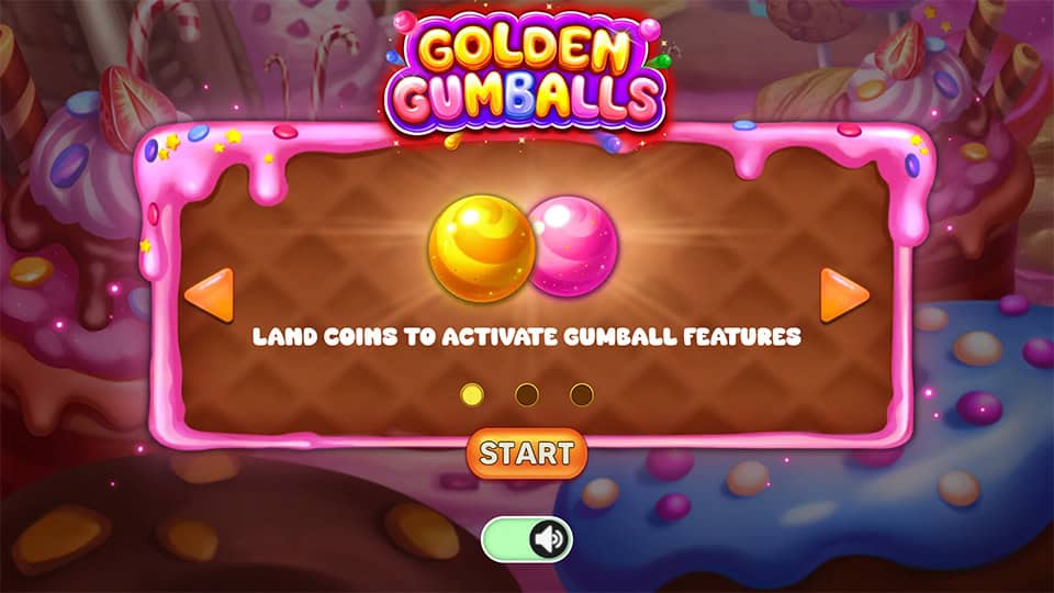 Intro screen of Golden Gumballs slot showing yellow and pink gumballs with &ldquo;Land coins to activate features&rdquo; text.