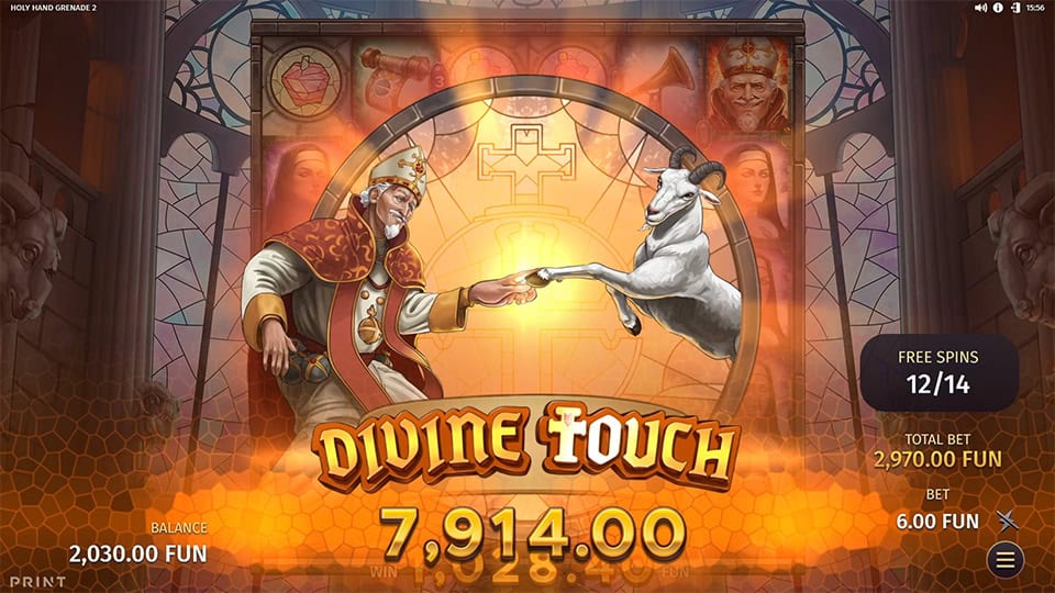Win screen showing a radiant goat touching a bishop&rsquo;s finger, inspired by Michelangelo&rsquo;s Creation scene.
