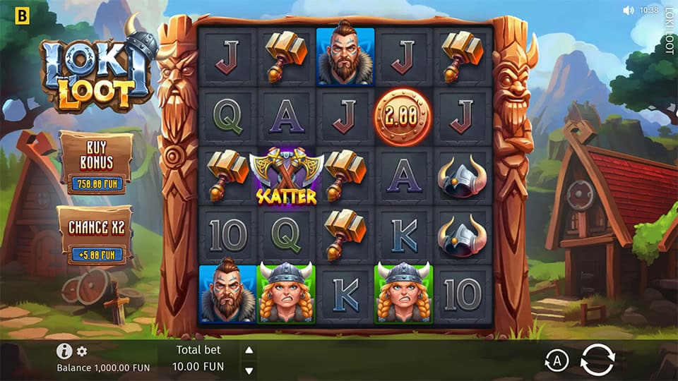 Slot reels with Viking characters, hammers, horned helmets and coin symbols framed by carved wooden totems.