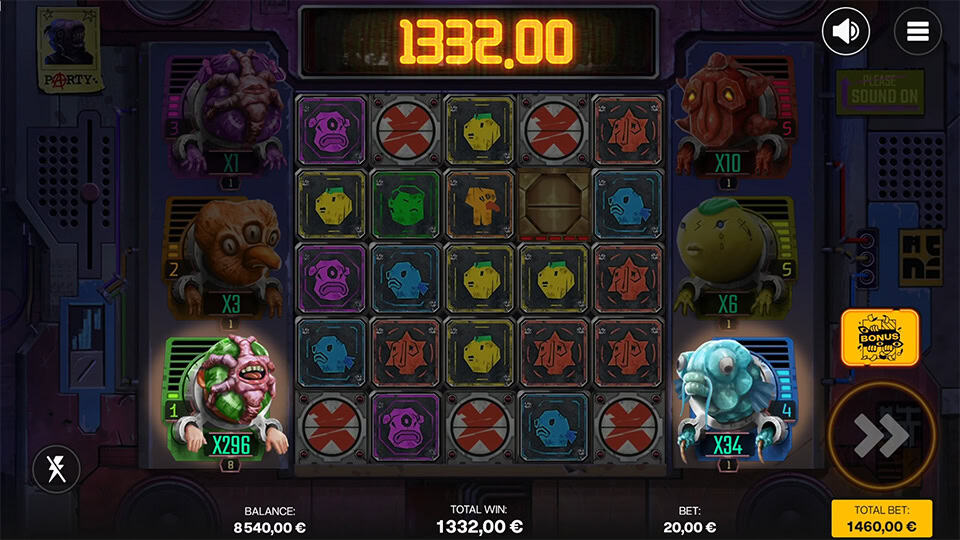 &euro;1332.00 win shown above a grid of symbols, with character multipliers lit up and glowing reels in cyberpunk setting.