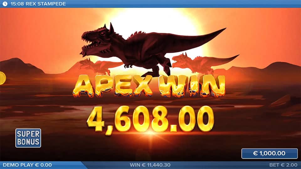 Apex Win &euro;4,608.00 with T-Rex silhouettes running across a lava field at sunset.