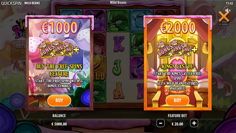 Bonus buy screen offering Free Spins for or King&rsquo;s Castle mode with all wild features.