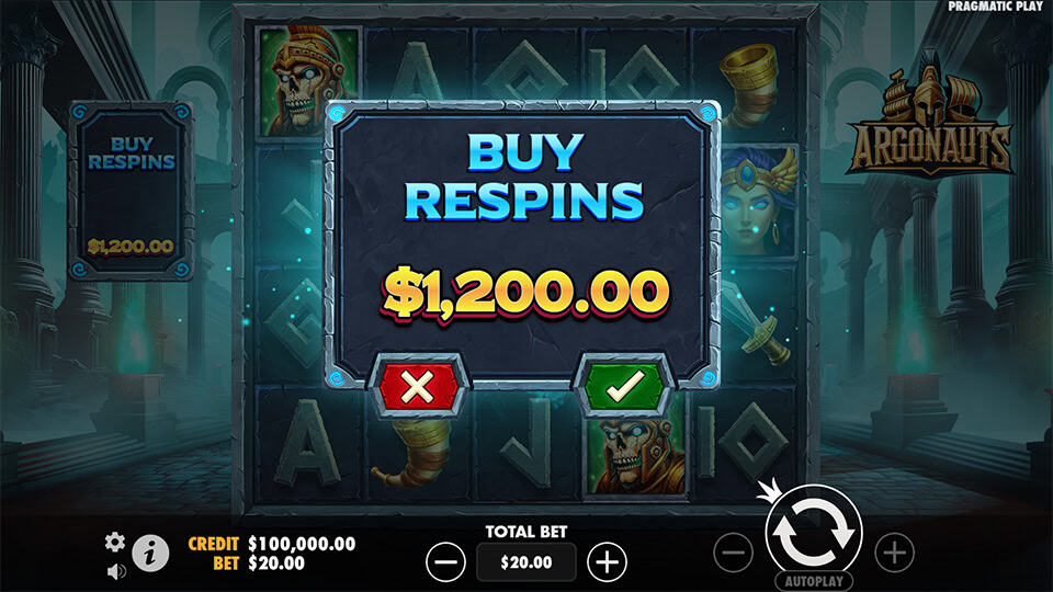 Buy respins pop-up window with cost shown over dark temple-themed slot layout.