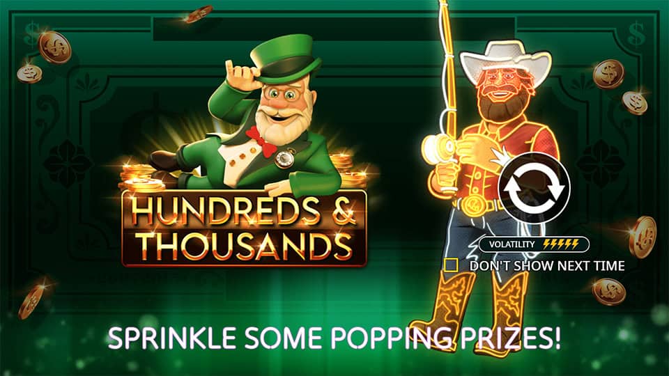 Intro screen showing leprechaun and cowboy characters, game logo and tagline &ldquo;Sprinkle some popping prizes!&rdquo; with coins in the background.