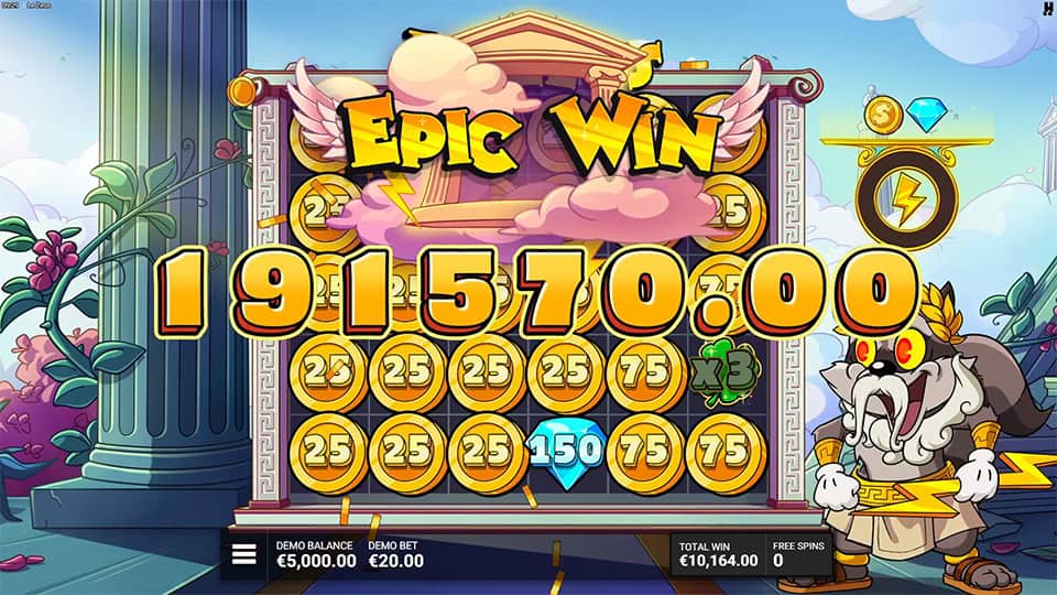 &ldquo;Epic Win&rdquo; banner surrounded by golden clouds, displayed over a bonus game filled with coin symbols and multipliers, with cartoon Zeus celebrating.
