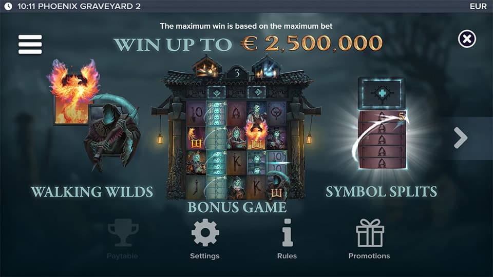 Overview of Phoenix Graveyard 2 features showing Walking Wilds, Bonus Game and Symbol Splits with visual previews.
