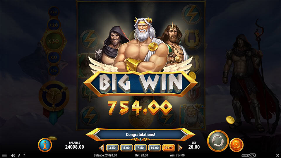 Win screen featuring Zeus, Poseidon and Hades under a &ldquo;Big Win&rdquo; banner with celebratory effects.