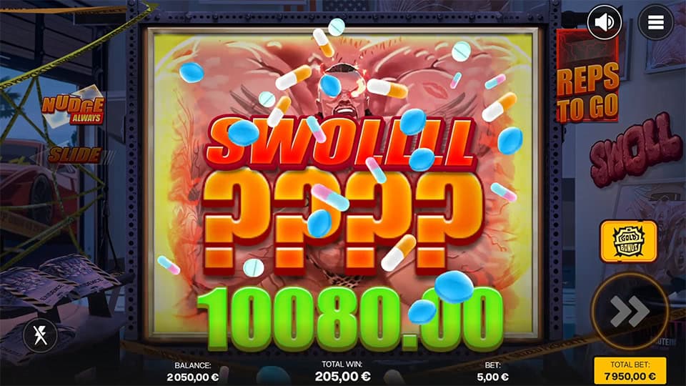 Win screen animation with &ldquo;SWOLL ???&rdquo; text and flying capsules over a glowing muscular figure with bulging arms.