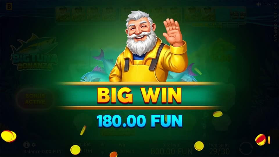 &ldquo;Big Win&rdquo; banner with a cheerful fisherman waving, surrounded by golden coins in an underwater-themed background.