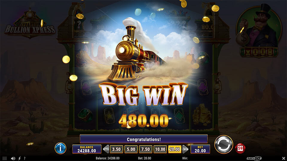 &ldquo;Big Win&rdquo; banner with a steam locomotive bursting through dust clouds, surrounded by falling gold coins.