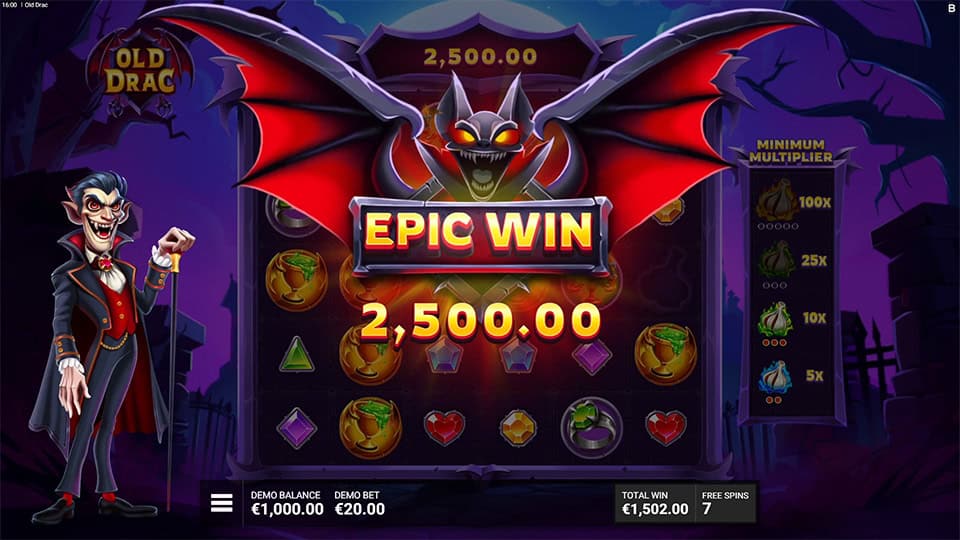 Large bat with outstretched wings above &ldquo;EPIC WIN&rdquo; banner and winning amount.