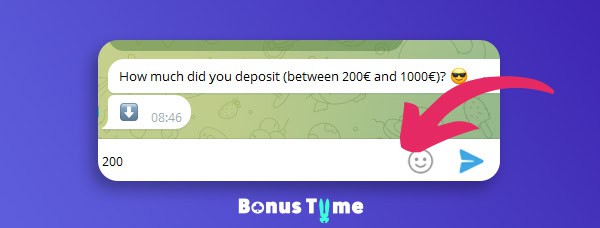Telegram chat showing the BonusTiime Stake bot asking the user to enter the deposit amount between 200&euro; and 1000&euro;, with an example of 200 typed in the message bar.