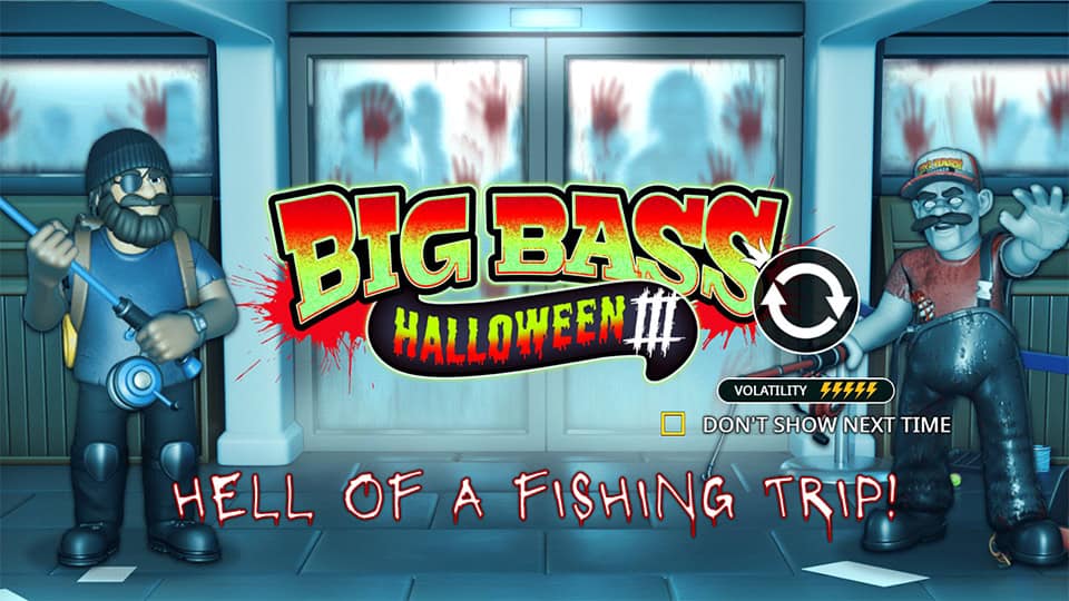 Intro screen with Big Bass Halloween 3 logo, zombie fisherman characters, bloody handprints on windowsand tagline &ldquo;Hell of a Fishing Trip!&rdquo;.