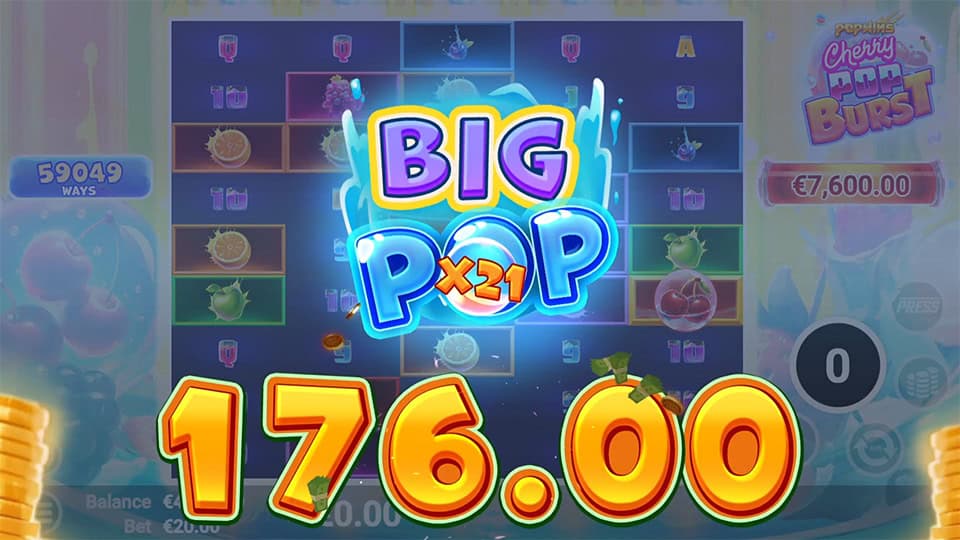 Highlighted &ldquo;BIG POP x21&rdquo; multiplier on reels with popping fruit symbols and bright background effects.