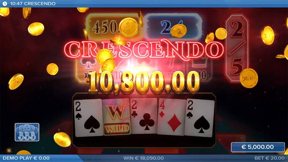 Win screen with golden coins flying, neon cards displayedand the word &ldquo;CRESCENDO&rdquo; flashing in red above the reels.