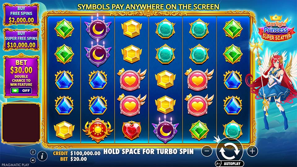 Starlight Princess Super Scatter reels with hearts, gems, moons and star symbols.