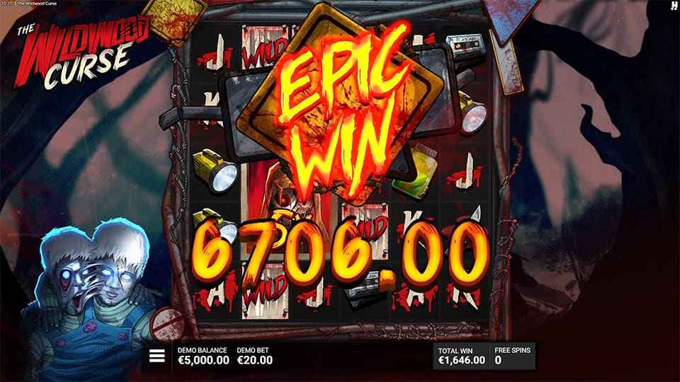 Flaming &ldquo;Epic Win&rdquo; banner across the reels with sinister background art and eerie characters emerging from the shadows.