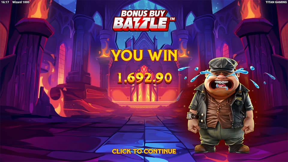 Bonus Buy Battle ending screen showing &ldquo;You Win&rdquo; message with Billy character crying in frustration after a completed round.