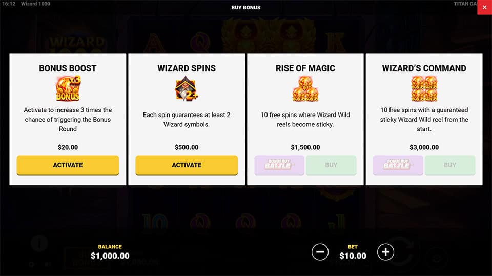 Bonus buy menu displaying multiple feature choices, including Bonus Boost, Wizard Spins, Rise of Magicand Wizard&rsquo;s Command options.
