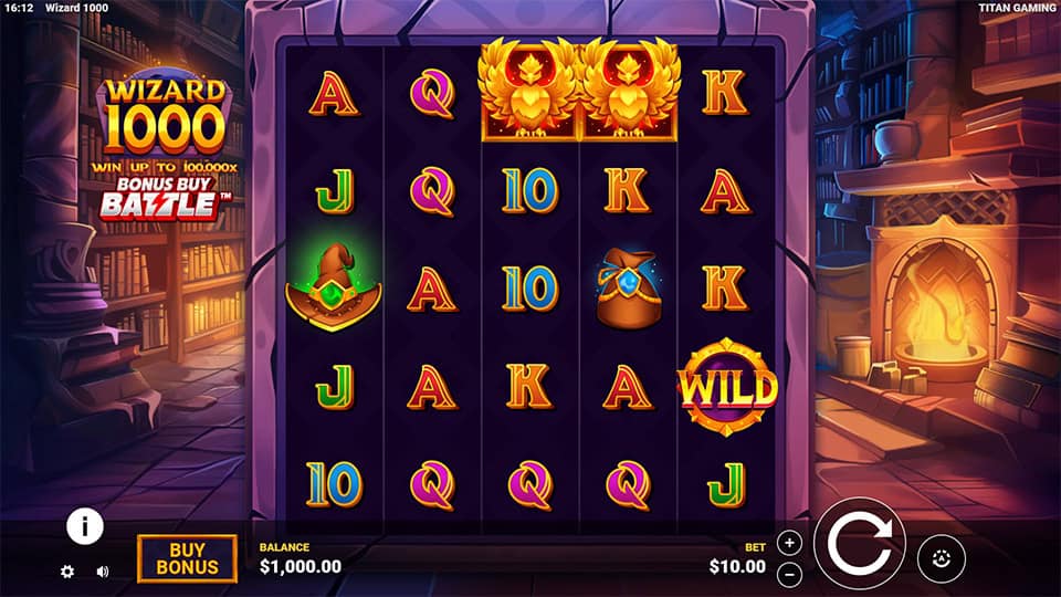 Main reels of Wizard 1000 slot featuring hats, potion bags, phoenix iconsand wild symbols inside a wizard&rsquo;s study with fireplace.