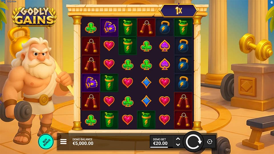 Godly Gains slot reels with colorful gym-themed symbols and Zeus standing beside the grid holding a dumbbell.