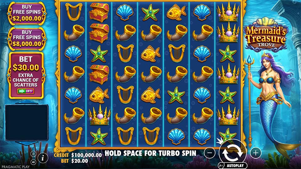 Main game screen with underwater backdrop, reels filled with seashells, crowns, golden fish, harpsand star symbols, alongside the mermaid character holding a trident.