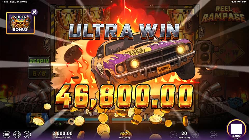 Massive win screen showing a flaming muscle car crashing through with &ldquo;ULTRA WIN&rdquo; text and coins flying across the screen.